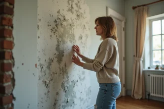 Femme inquiète près d’un mur moisi dans son salon
