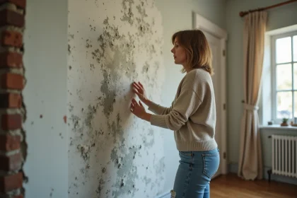 Femme inqui&egrave;te pr&egrave;s d&rsquo;un mur moisi dans son salon