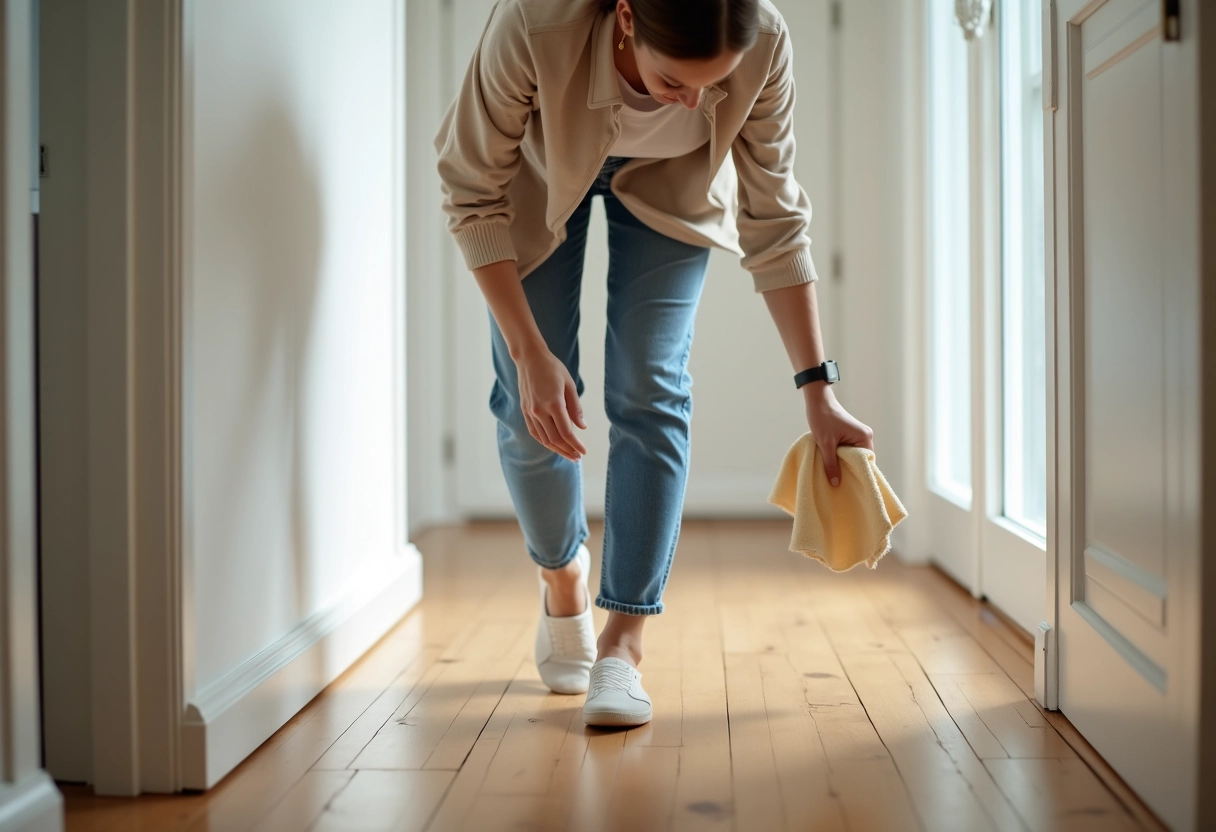 Jeune femme nettoie un parquet avec un chiffon dans un couloir lumineux