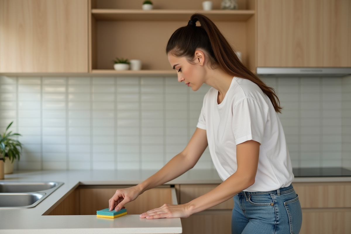 Jeune femme nettoyant un placard de cuisine moderne