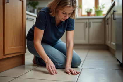 Femme appliquant un spray naturel dans la cuisine