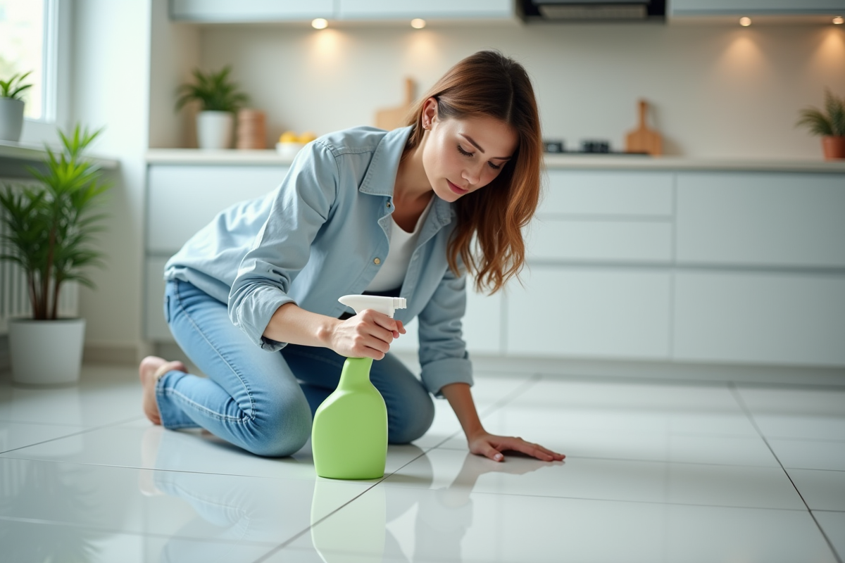 Femme nettoyant des tuiles blanches dans une cuisine moderne