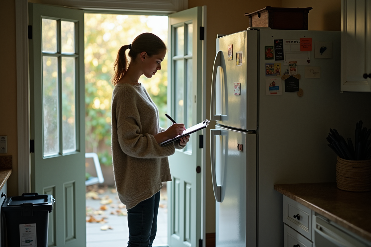 Jeune femme prenant des notes devant un vieux réfrigérateur dans la maison
