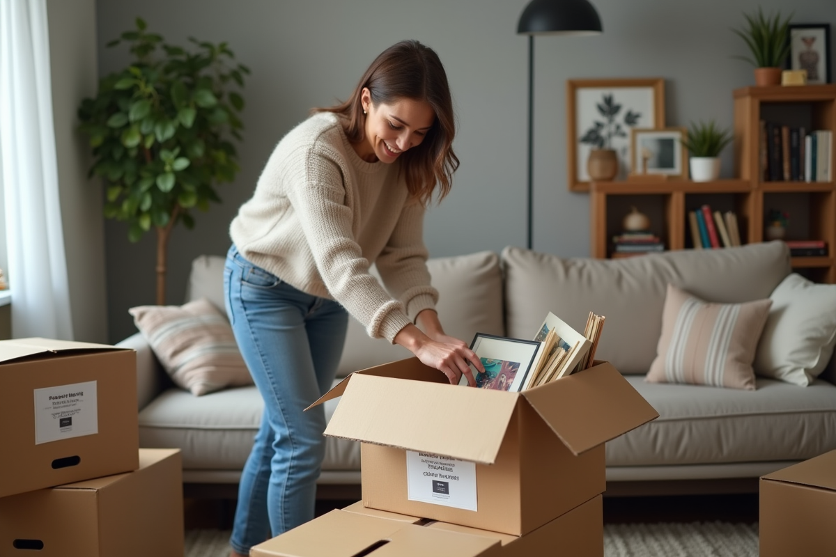Femme triant des livres dans des cartons dans un salon organisé