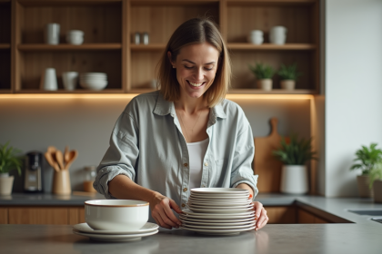 Femme arrangeant la vaisselle dans une cuisine moderne