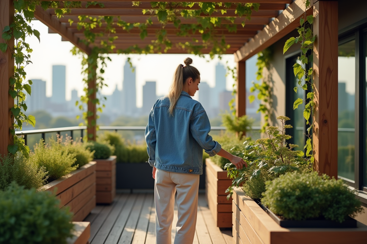 Jeune femme entre vignes sur toit urbain