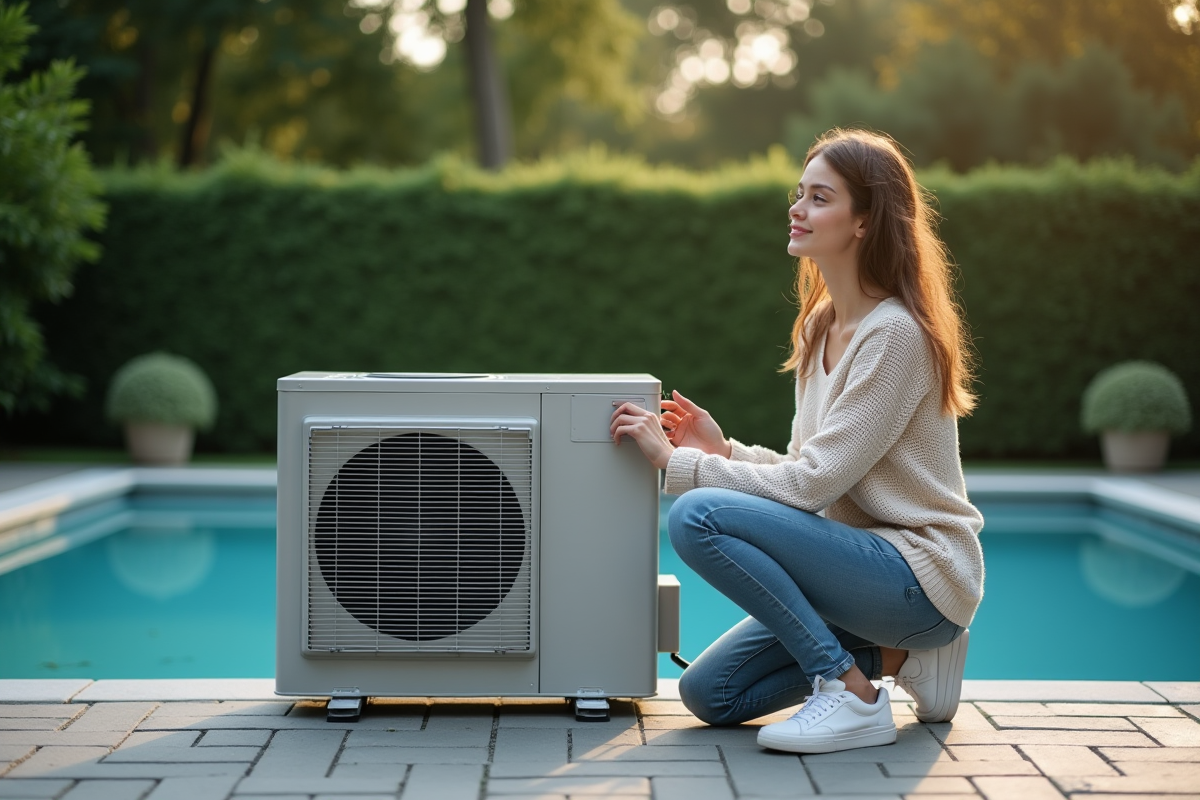 Jeune femme vérifiant une pompe à chaleur piscine