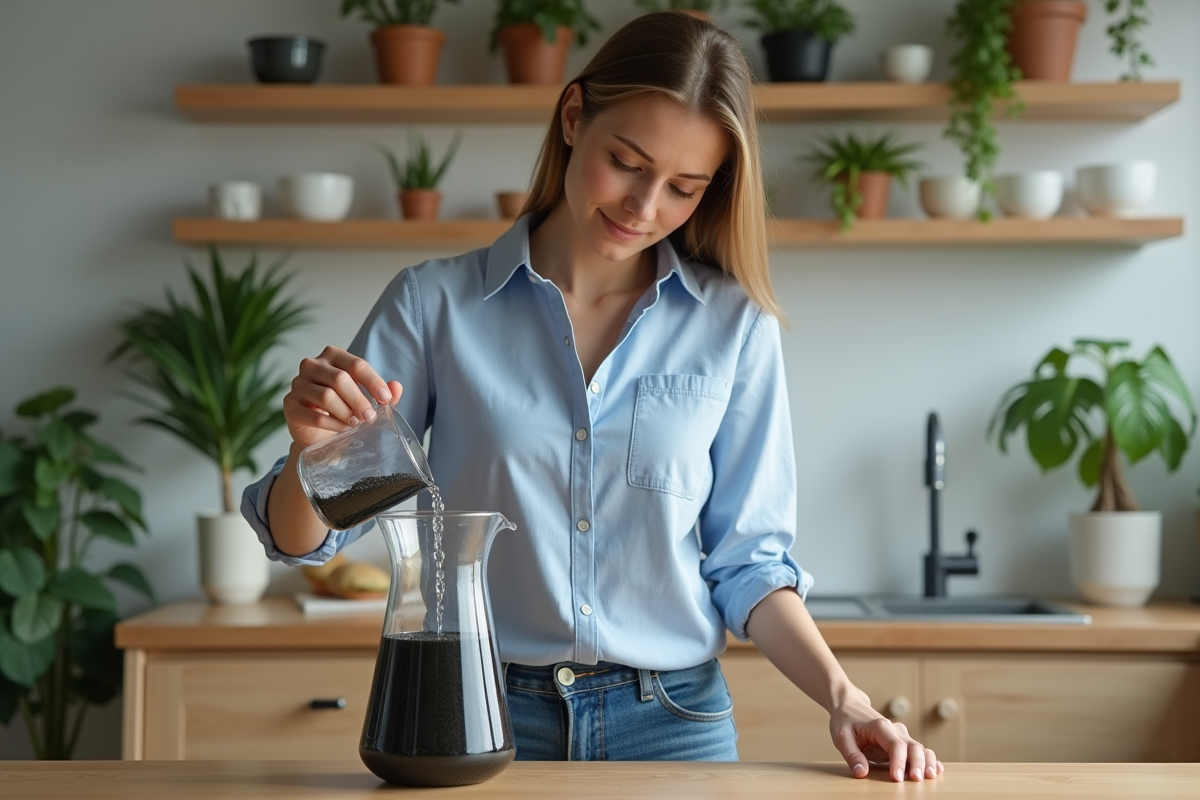 Femme versant de l'eau dans une carafe au charbon actif