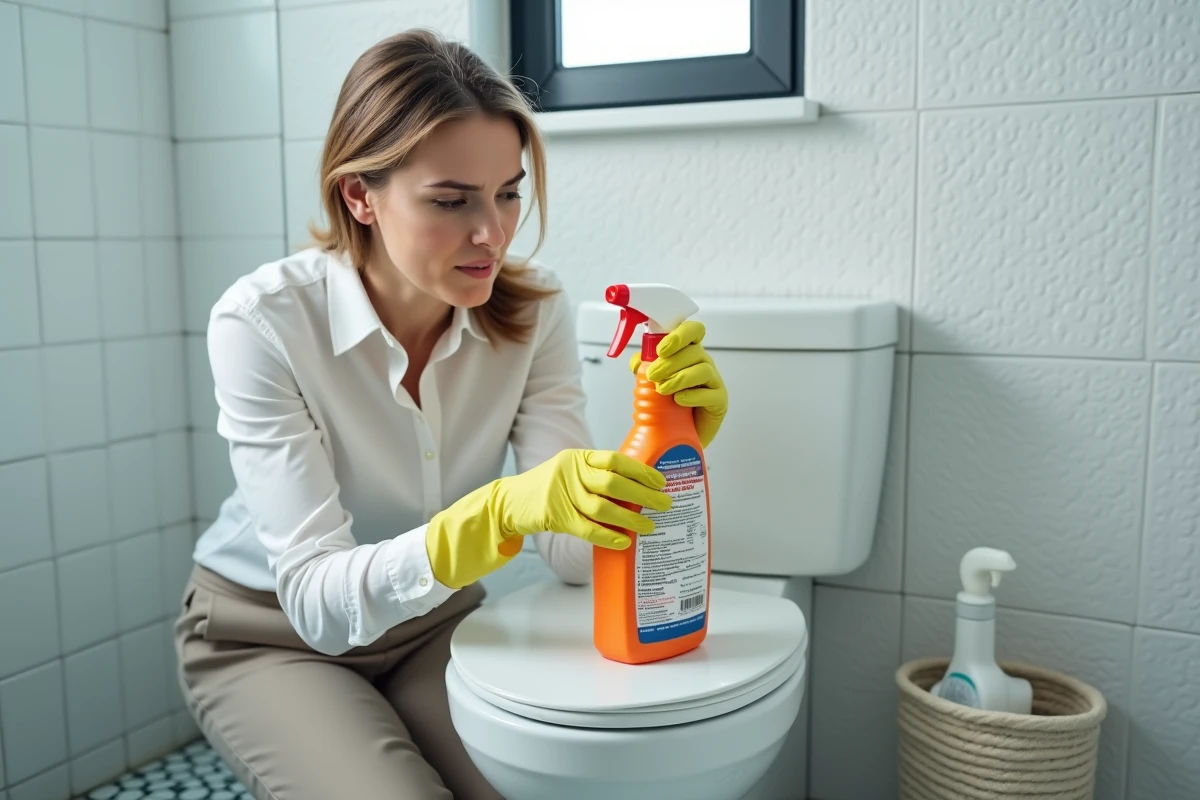Femme lisant les instructions de sécurité d'un produit déboucheur chimique dans une salle de bain