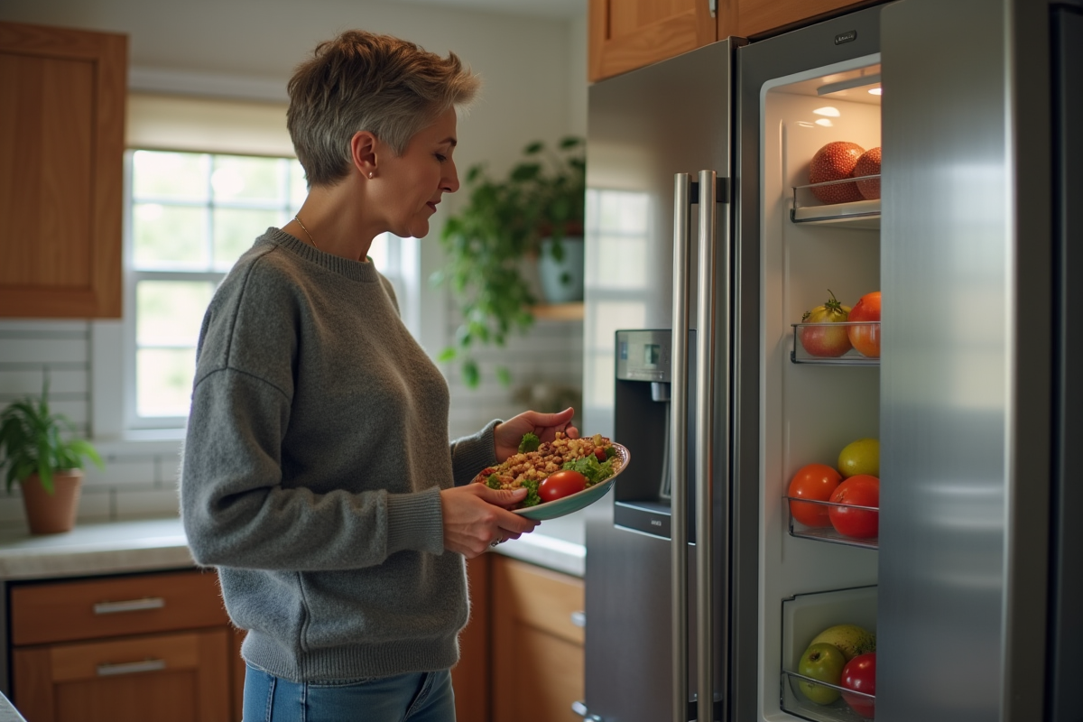 Femme d'âge moyen vérifiant le contenu du frigo moderne dans la cuisine