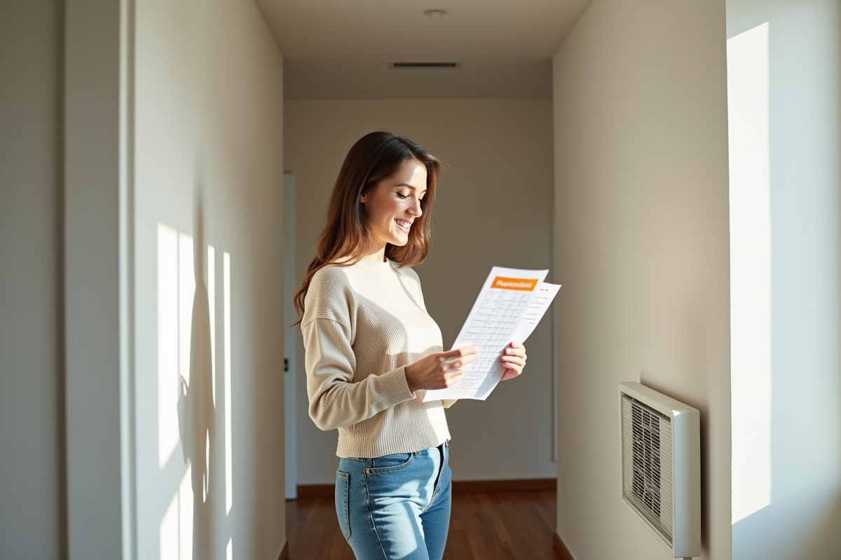 Jeune femme tenant un filtre HVAC dans un couloir lumineux
