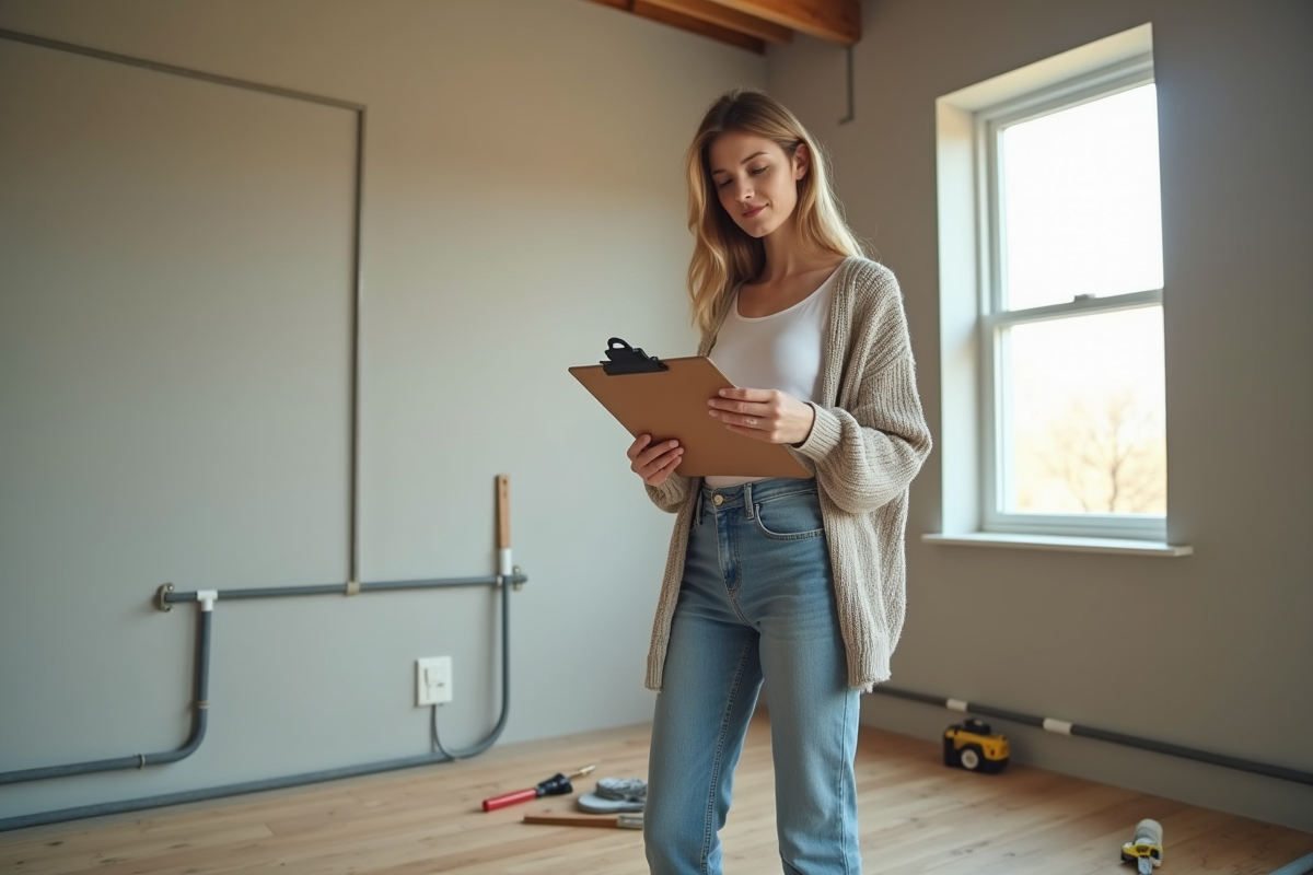 Jeune femme vérifiant un devis de rénovation dans son salon