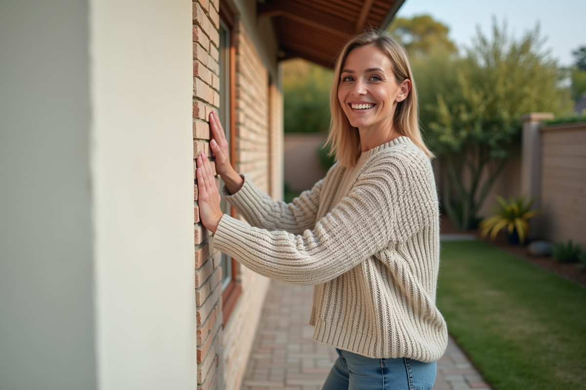 Femme souriante inspectant sa facade propre