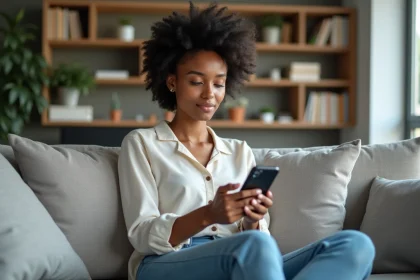 Femme d&eacute;tendue utilisant son smartphone dans un salon moderne