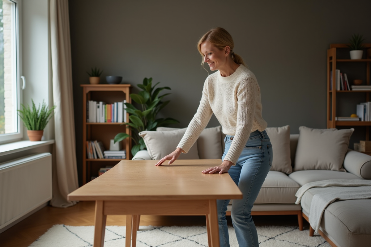 Femme souriante ajustant une table en bois dans un salon moderne