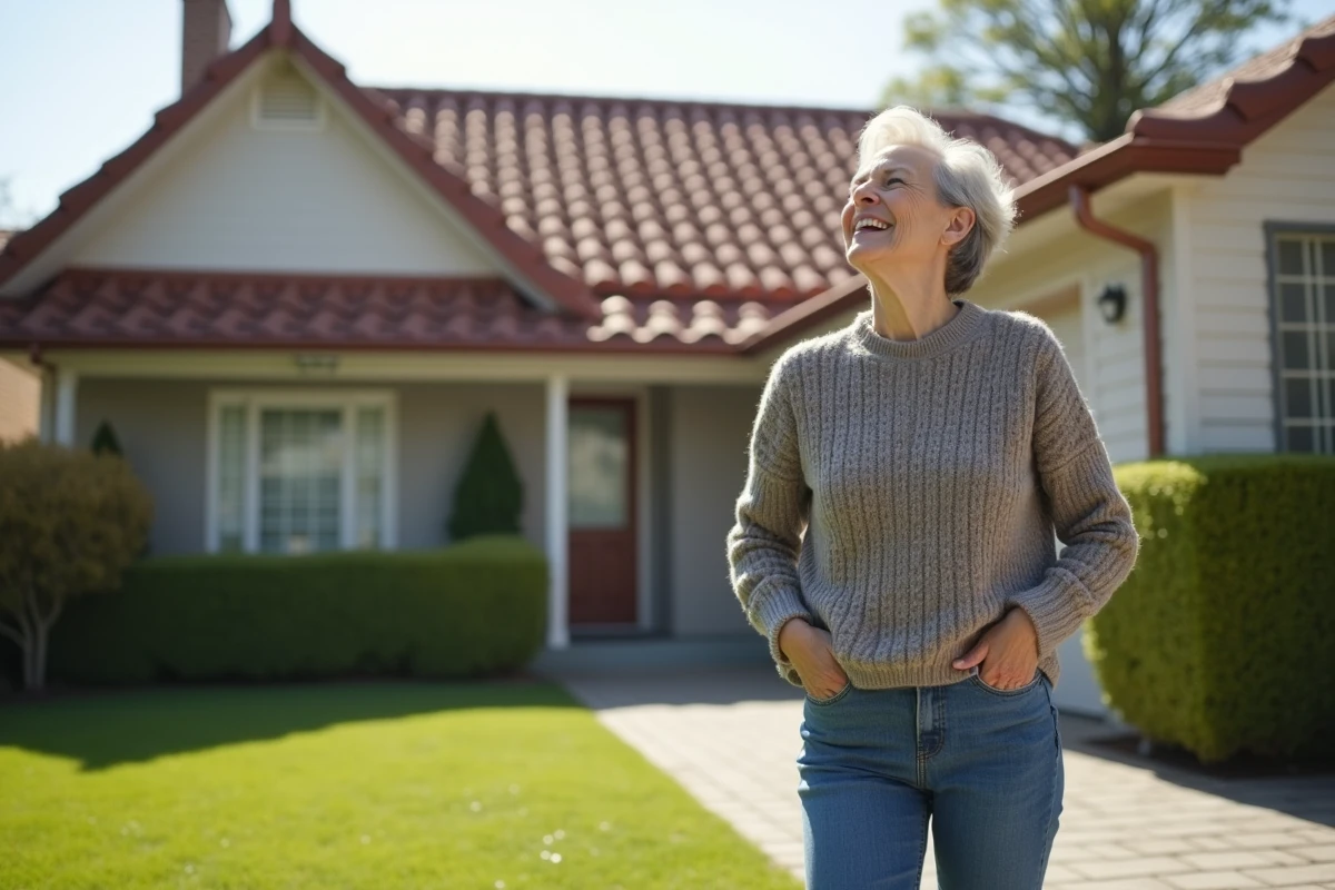 Femme souriante regardant son toit propre dans le jardin