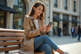 Femme élégante en trench beige dans une ville moderne
