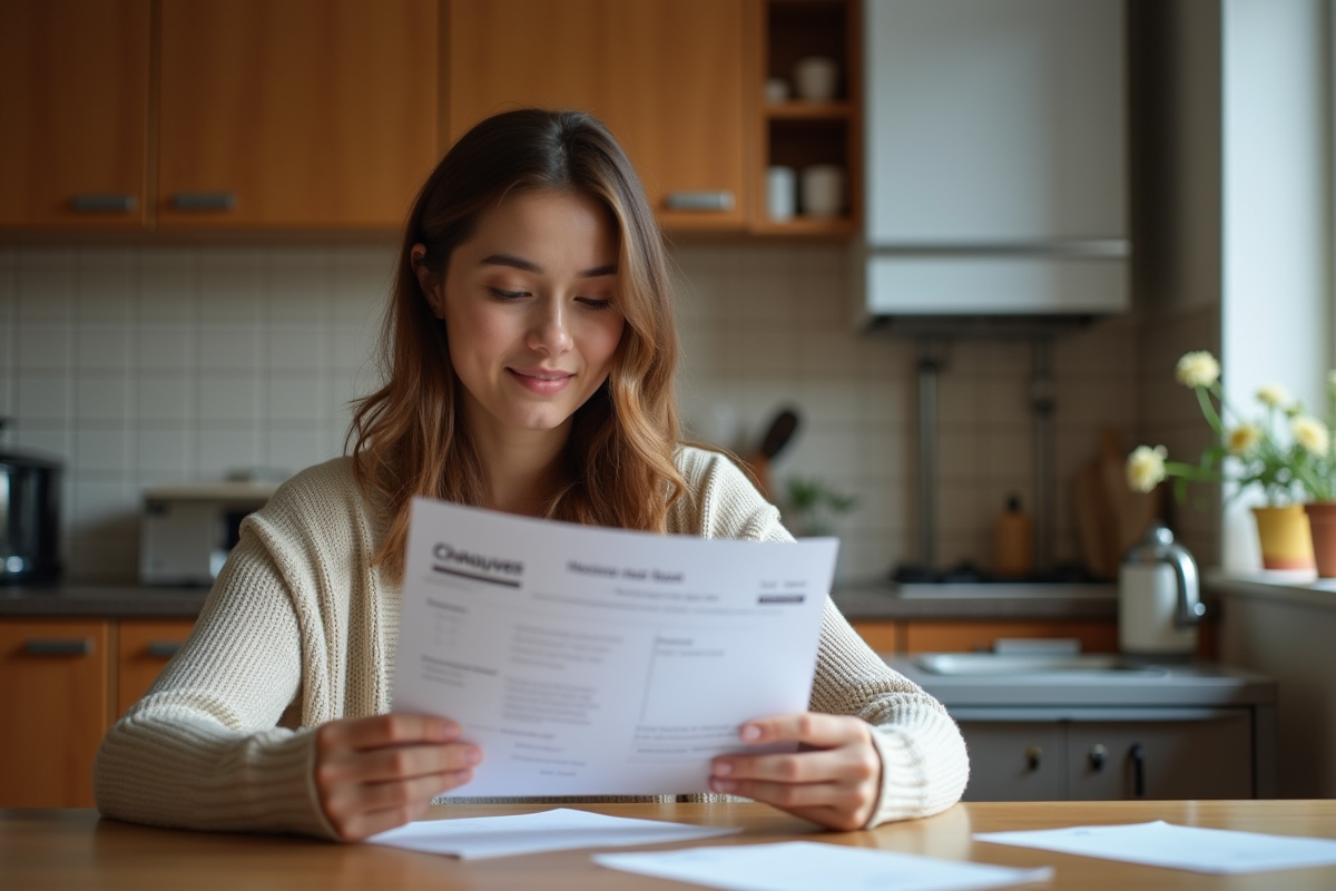 Jeune femme regardant des documents sur la chaudière dans la cuisine chaleureuse