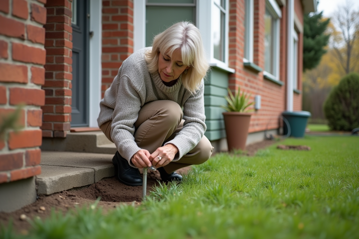 Femme vérifiant une tige de mise à la terre devant sa maison