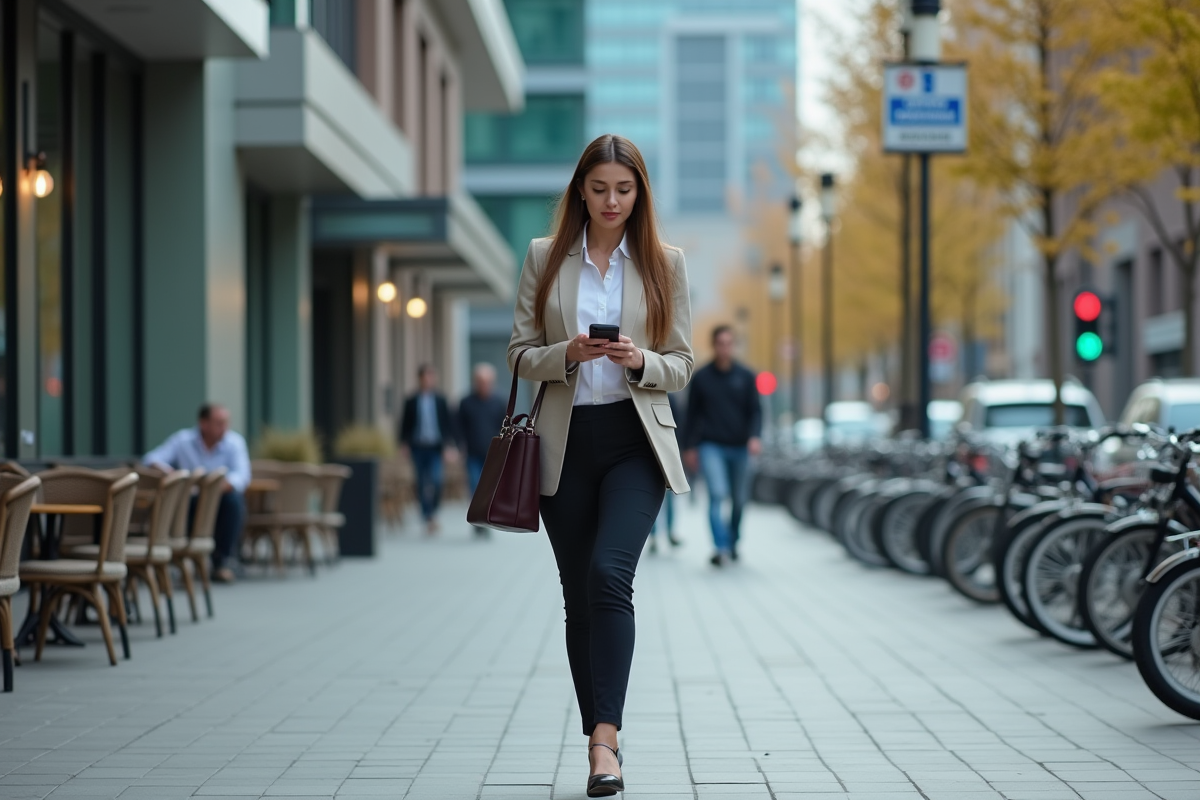 Jeune femme d affaires marchant dans la ville moderne