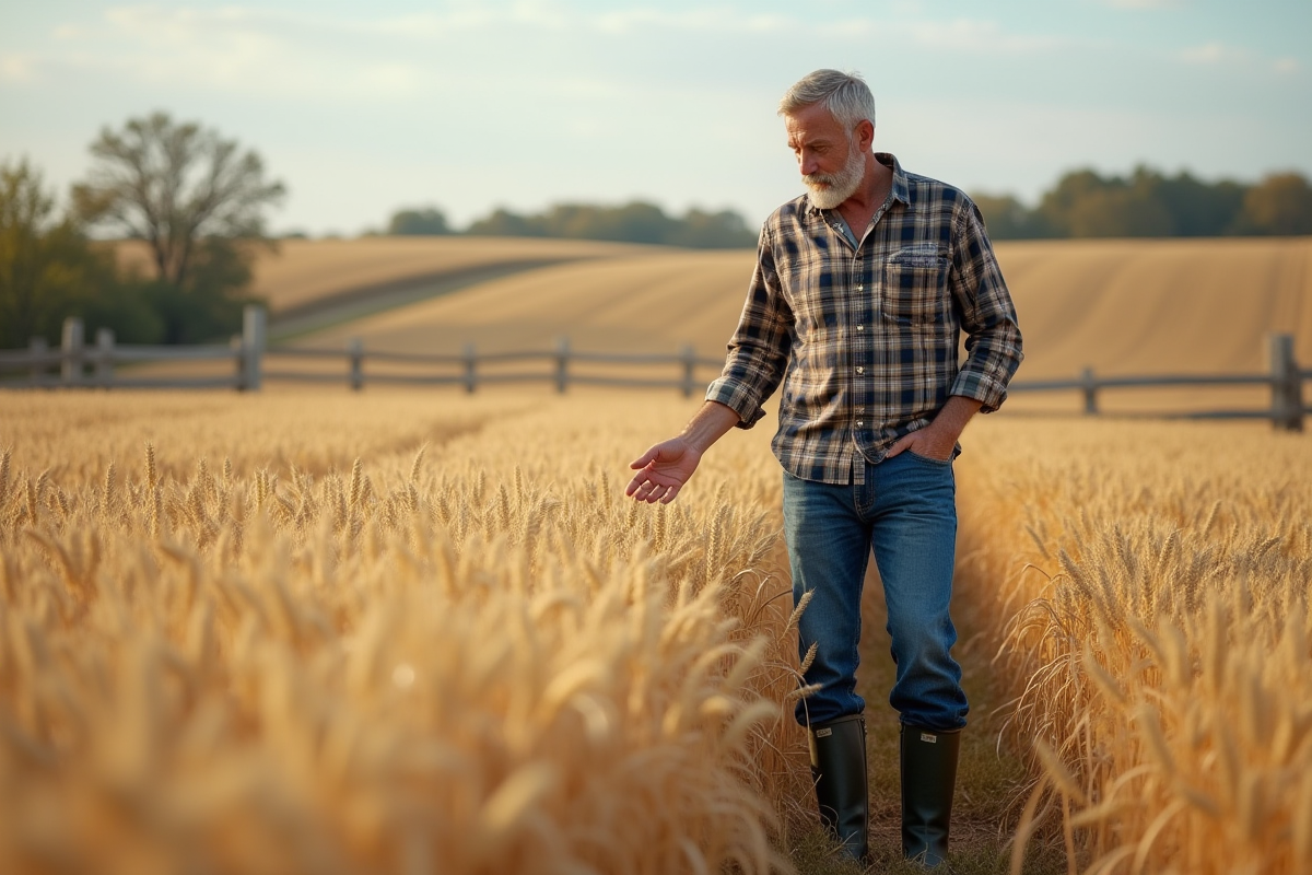 Fermeur examinant des épis de blé dans un champ doré