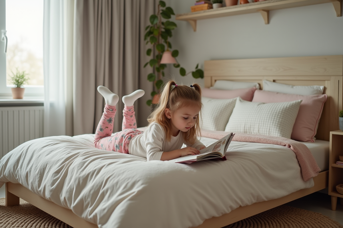 Fille de huit ans lisant un livre dans son lit cozy