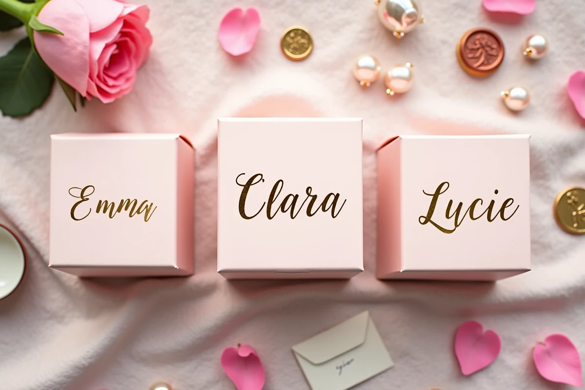 Flat lay de trois boîtes à bijoux personnalisées aux prénoms Emma, Clara et Lucie en lettres dorées sur fond de lin, entourées de pétales de rose et d'accessoires de bijouterie