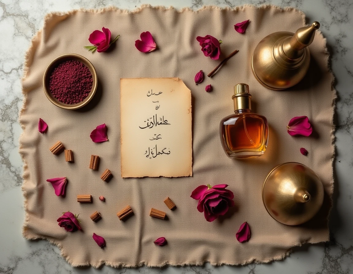 Flat lay d'accessoires d'encens arabes avec flacon d'attar, copeaux de bois d'oud et pétales de rose séchées sur lin naturel