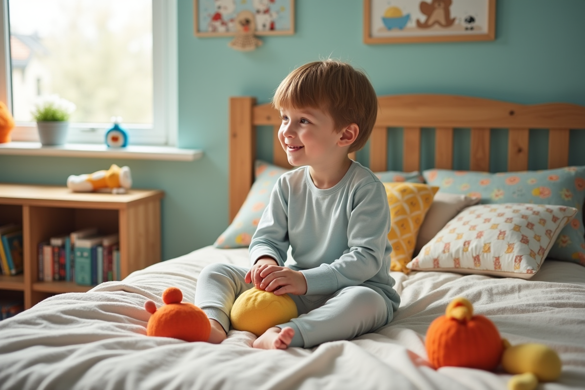 Garçon de six ans en pyjama coton souriant dans son lit