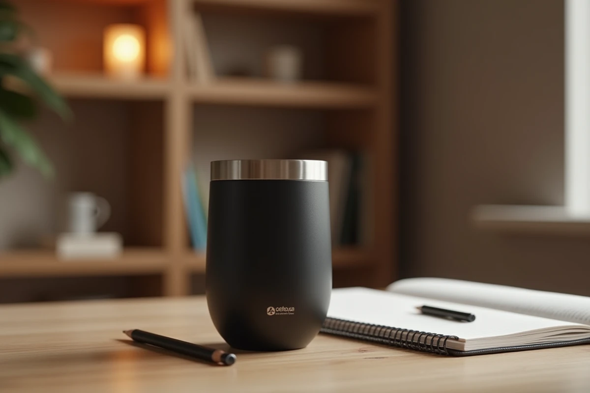 Gourde chauffante design en acier inoxydable noir mat posée sur un bureau en chêne avec un carnet et un crayon