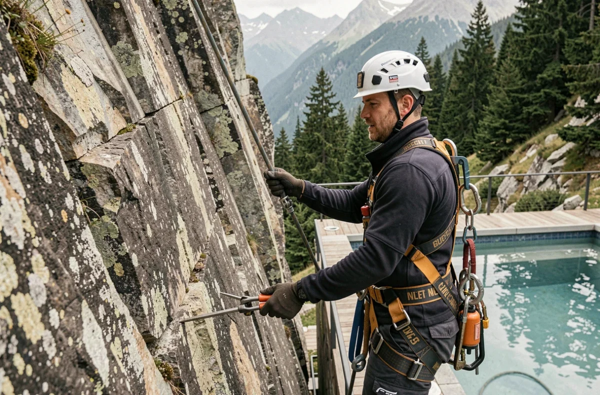 Technicien de Gregory Cunin Ancy Rope Access en harnais de sécurité intervenant sur une installation aquatique en hauteur en Haute-Savoie