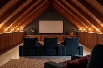 Grenier aménagé en salle de cinéma privée avec fauteuils en velours et écran de projection sous des poutres en bois apparentes