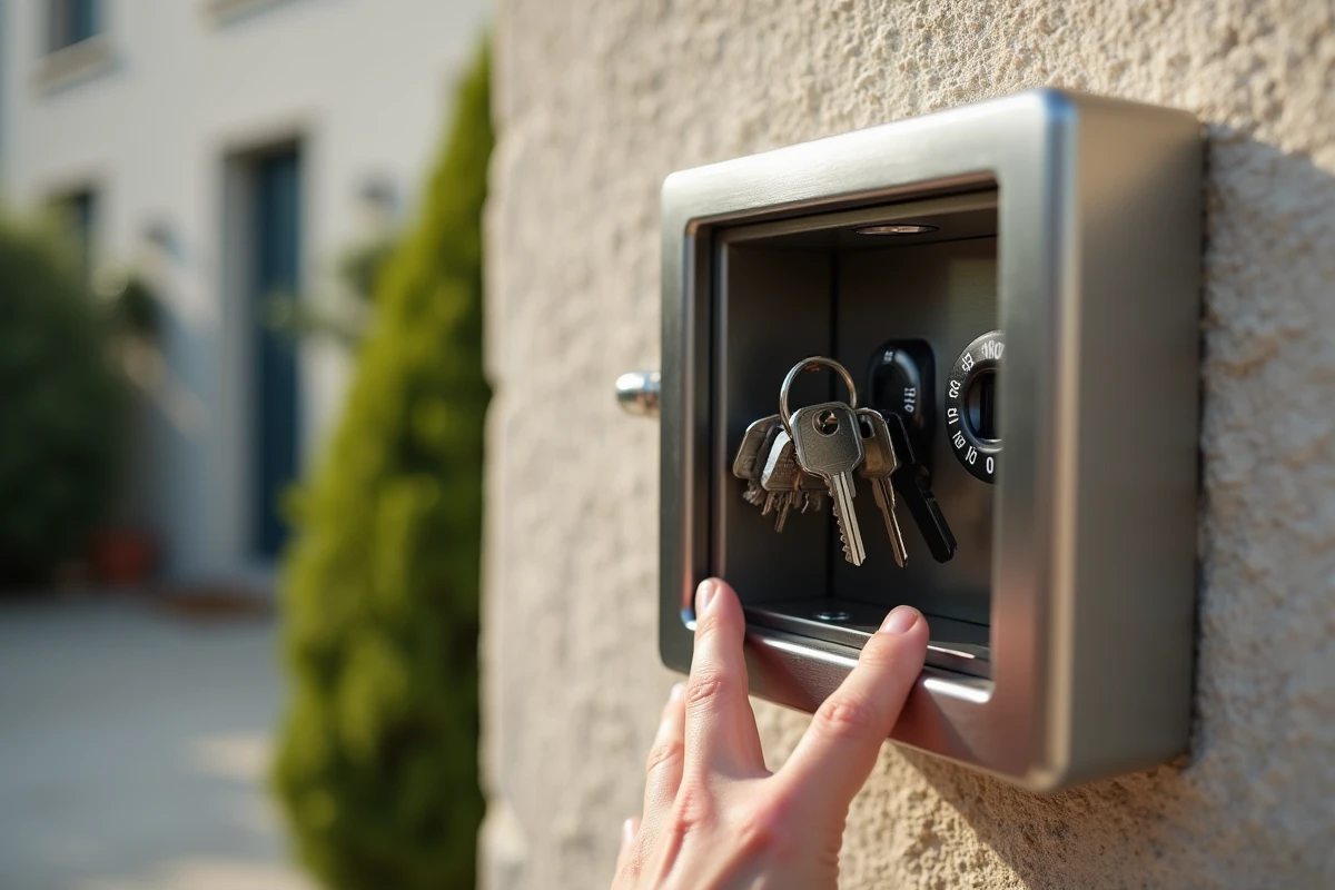 Gros plan sur une boîte à clé sécurisée à code fixée sur un mur extérieur d'une maison avec des clés à l'intérieur