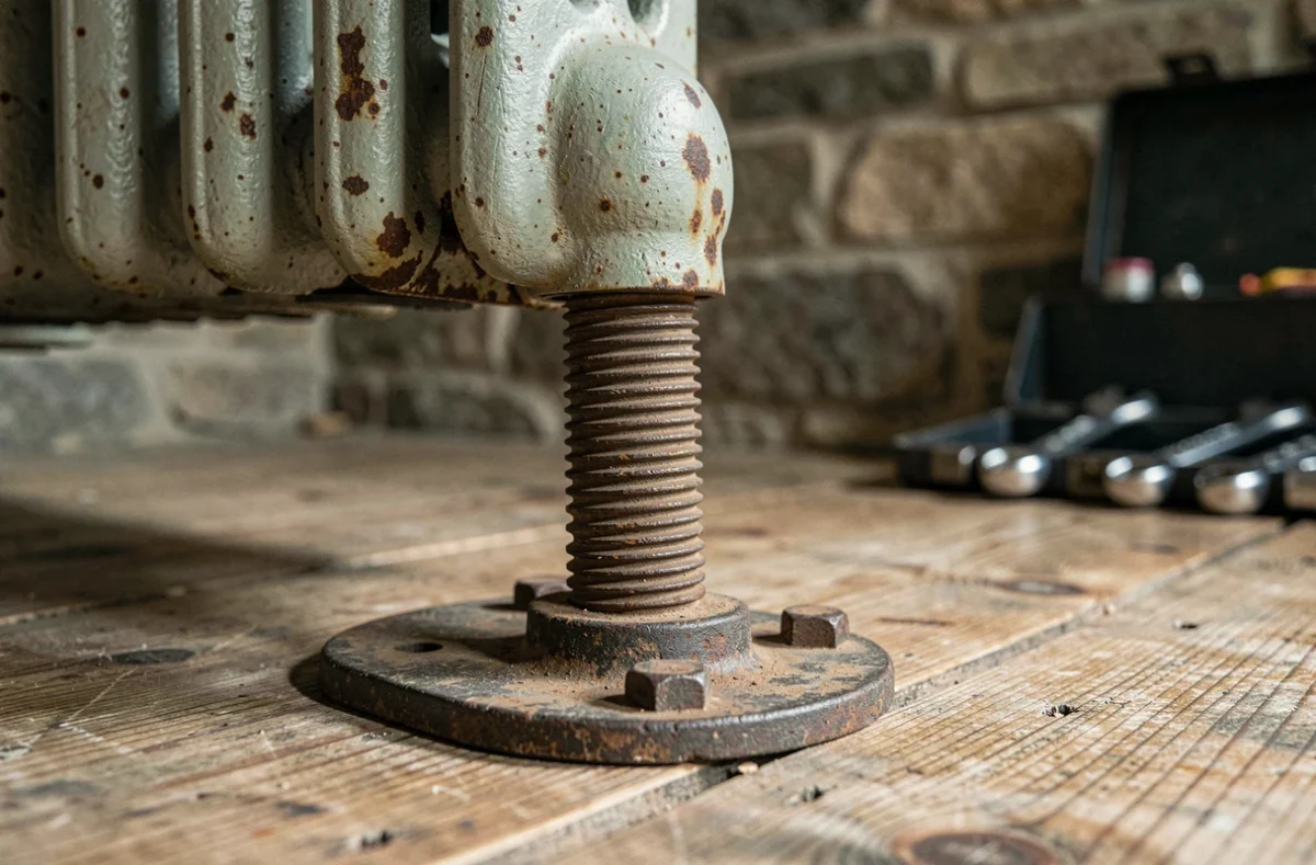 Gros plan sur un pied réglable en fonte pour radiateur ancien, boulon fileté et semelle réglable sur parquet vieilli