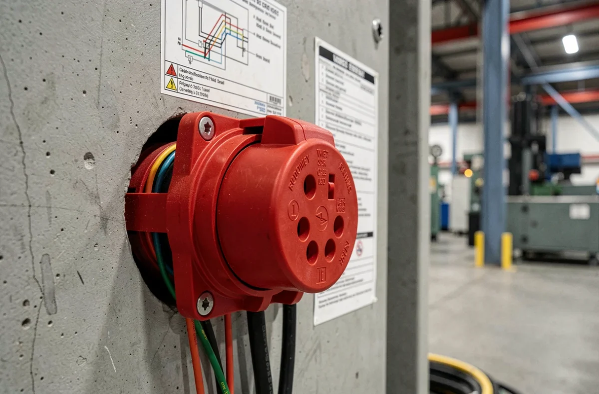 Gros plan sur une prise et fiche triphasée 4 fils rouge montée sur un tableau électrique industriel en béton