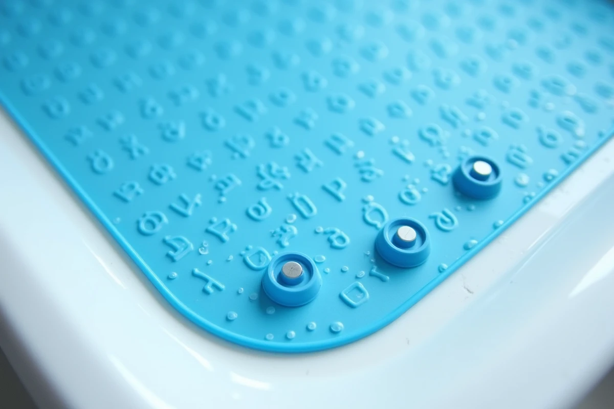 Gros plan sur un tapis antidérapant bleu avec ventouses collées au fond d'un receveur de douche blanc avec des gouttes d'eau