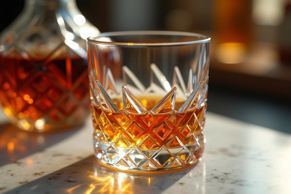 Gros plan sur un verre à whisky en cristal taillé rempli de whisky ambré avec reflets prismatiques sur marbre