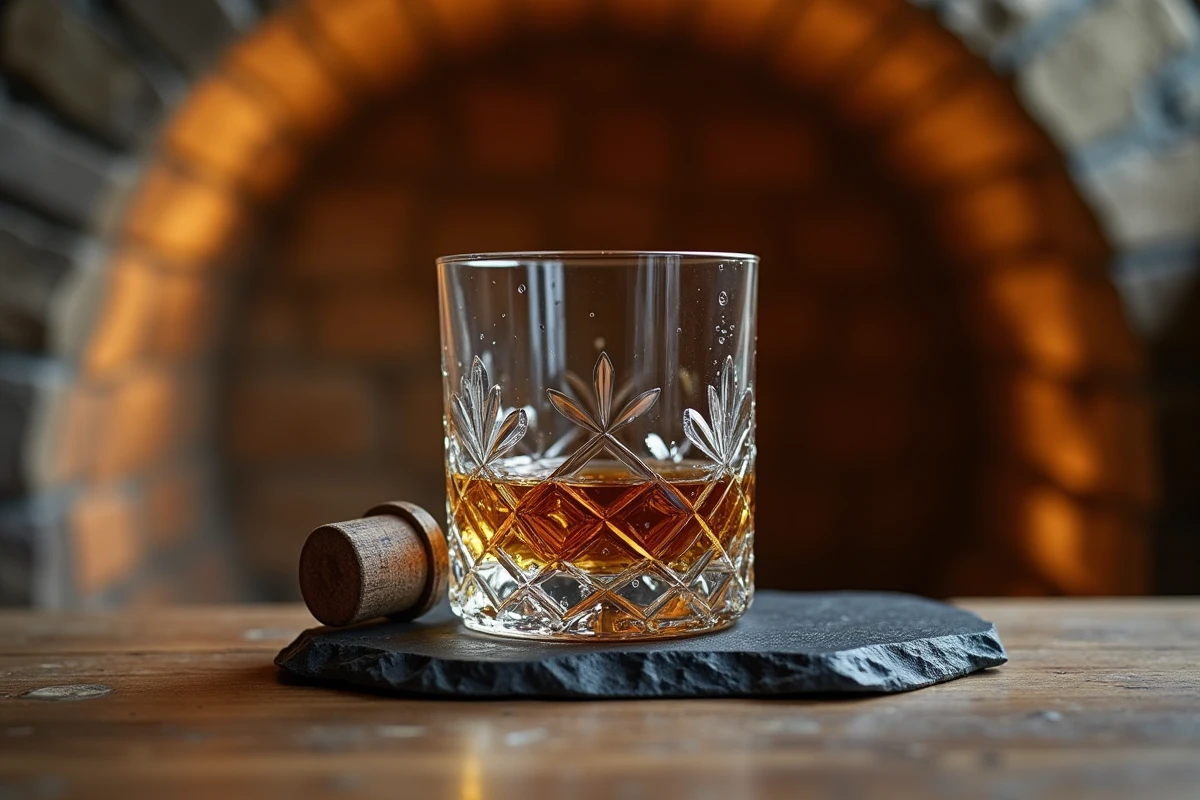 Gros plan d'un verre à whiskey avec carafe en cristal sur ardoise, cave à vin en pierre avec gouttelettes d'eau