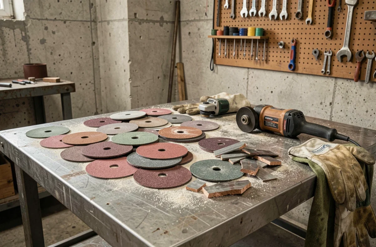 Assortiment de disques à tronçonner métal posés sur un établi d'atelier professionnel avec une meuleuse d'angle
