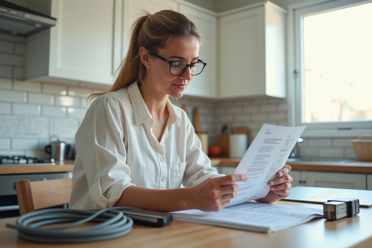 Femme consultant un guide de dimensionnement de câble électrique pour radiateur à son domicile