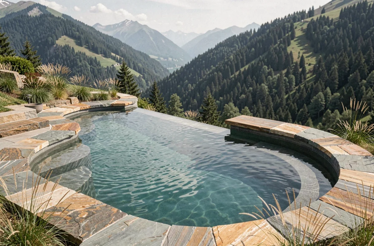 Piscine design à débordement avec contours organiques et vue panoramique sur les Alpes, projet Hae Concept Haute-Savoie