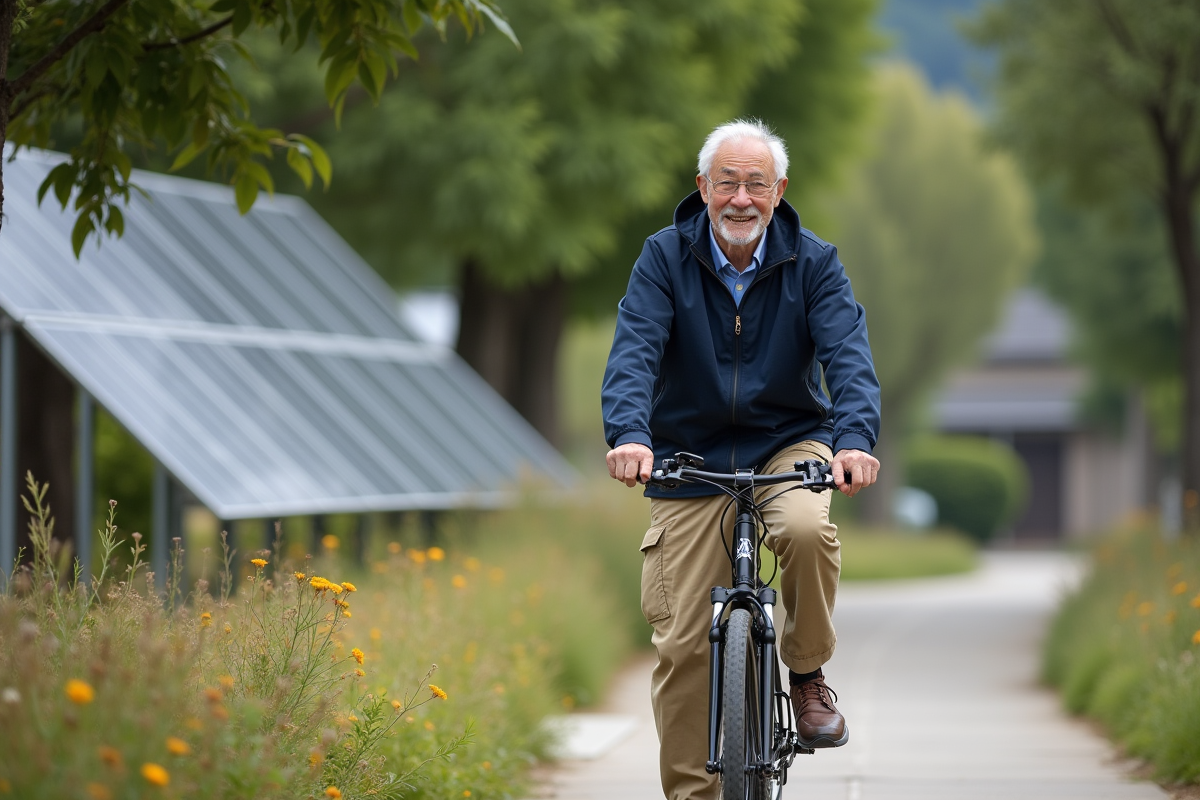 Homme asiatique à vélo près d