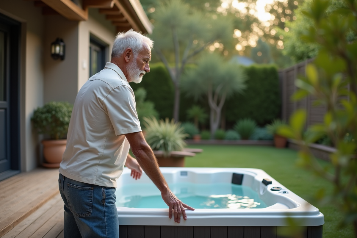 Homme dans la cinquantaine inspectant un spa extérieur vide