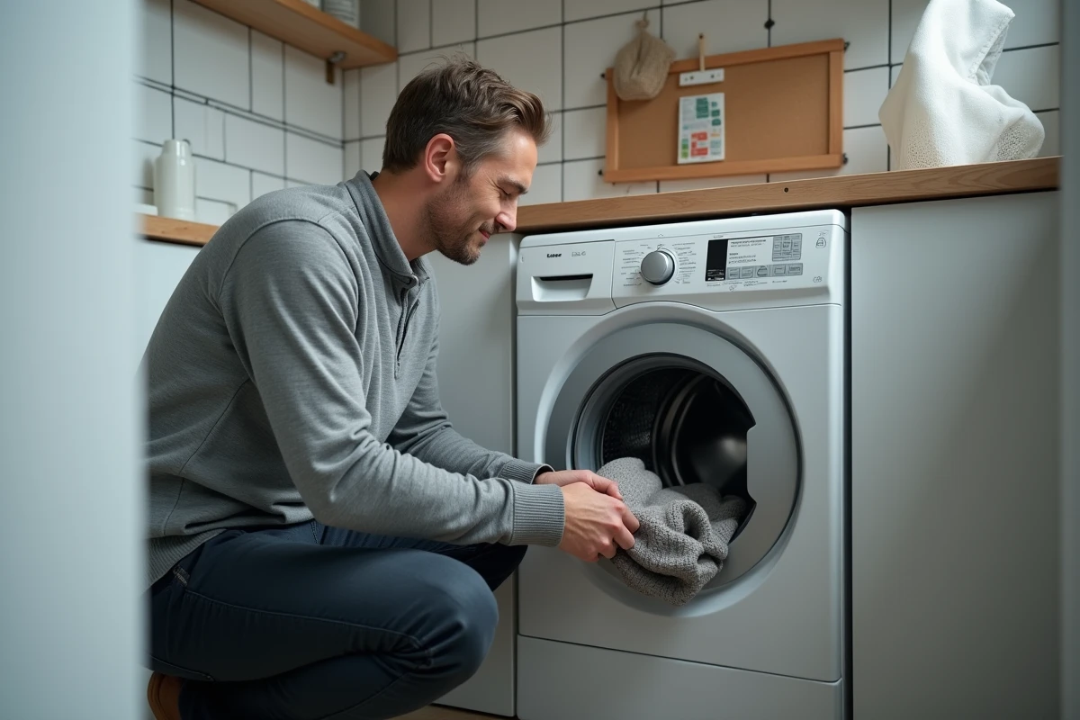 Homme déposant délicatement un pull en cachemire dans un lave-linge en tenant compte des symboles d'essorage