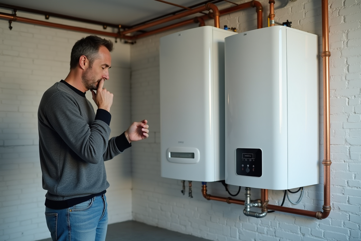 Homme d'âge moyen examinant une chaudière murale moderne dans une pièce propre