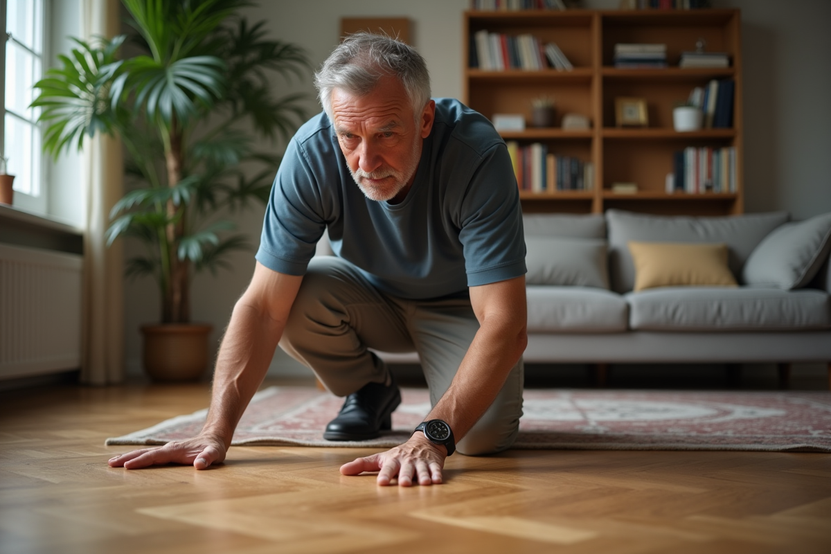 Homme d'âge moyen examine des traces de chaussures sur parquet