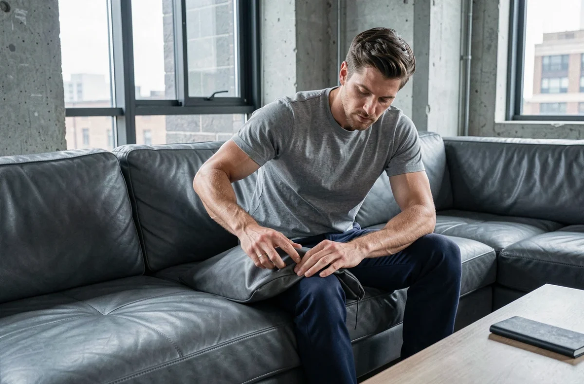 Homme inspectant attentivement la surface d'un canapé en cuir gris anthracite après avoir testé un produit nettoyant