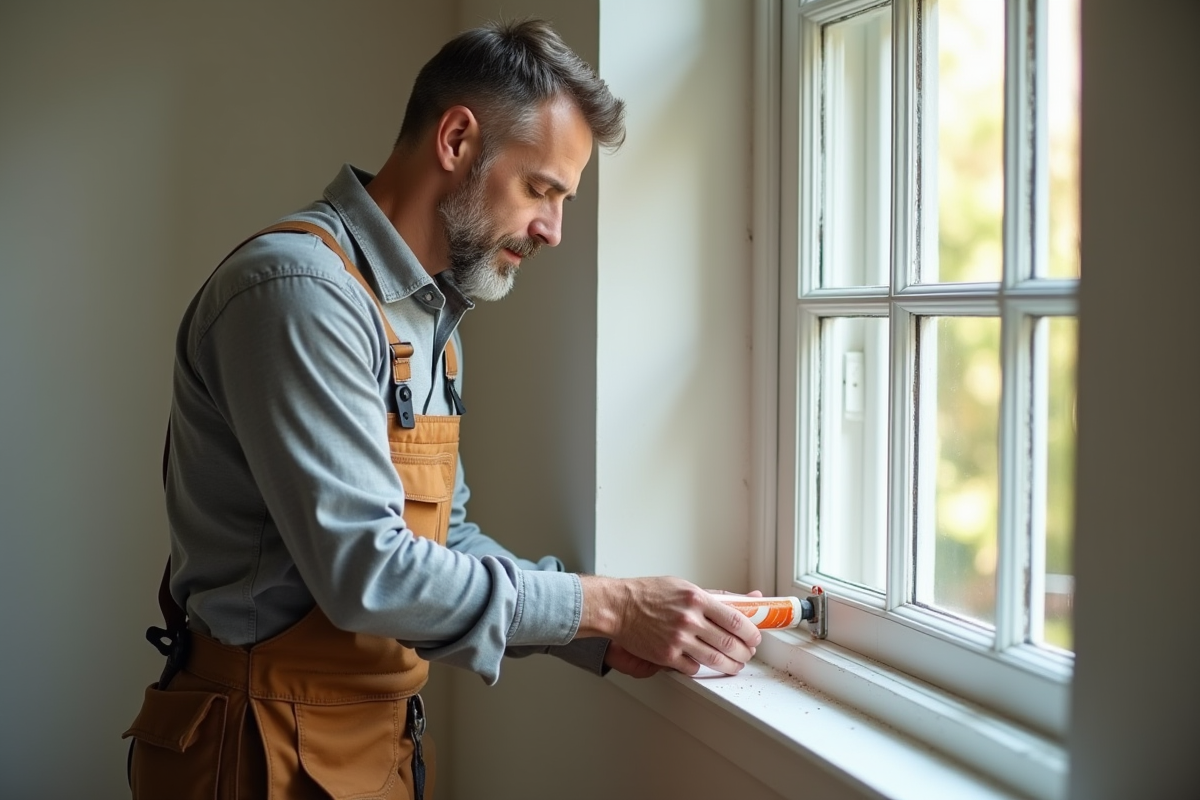 Homme en tenue de travail appliquant du calfeutrage autour d'une fenetre intérieure