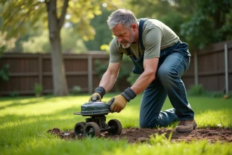 Homme en overalls utilisant un aérateur de pelouse dans un jardin