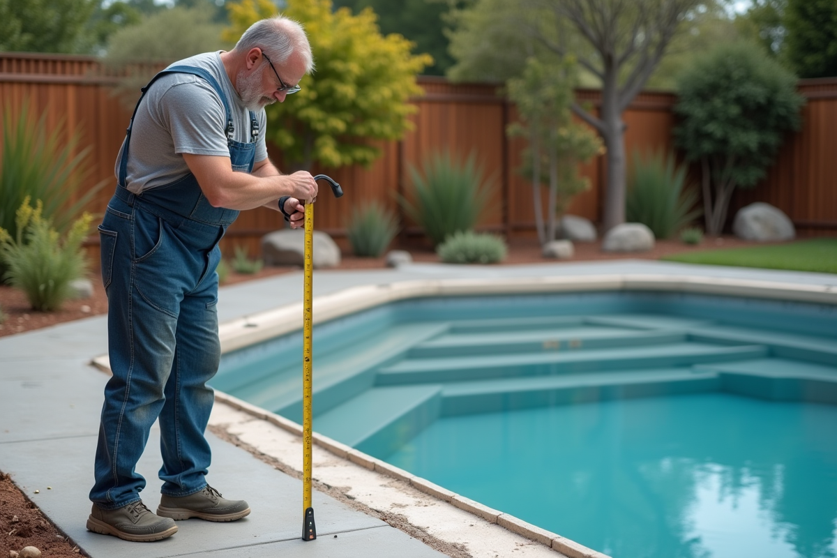 Homme en overalls vérifiant le béton autour de la piscine